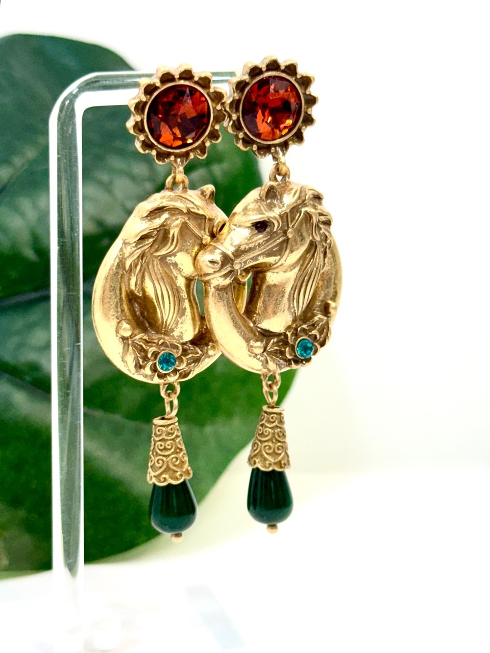 Neiman Marcus Gold Horse Jeweled Drop Earrings NEW - Picture 2 of 6